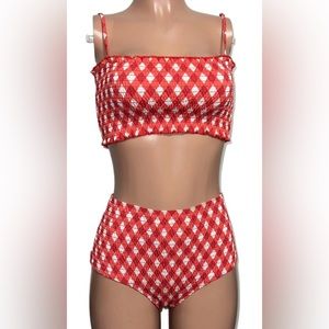 Reformation Red Gingham Smocked High Waisted Bikini Pant Cropped Tube Top Nwt S